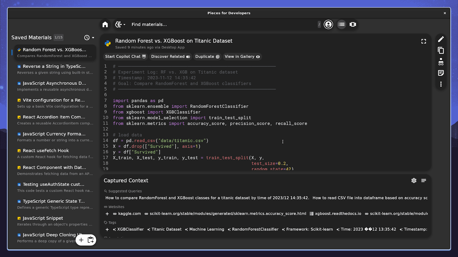 Pieces for Developers window showing  a saved notebook snippet named ‘Random Forest vs. XGBoost on Titanic Dataset’ with captured context at the bottom