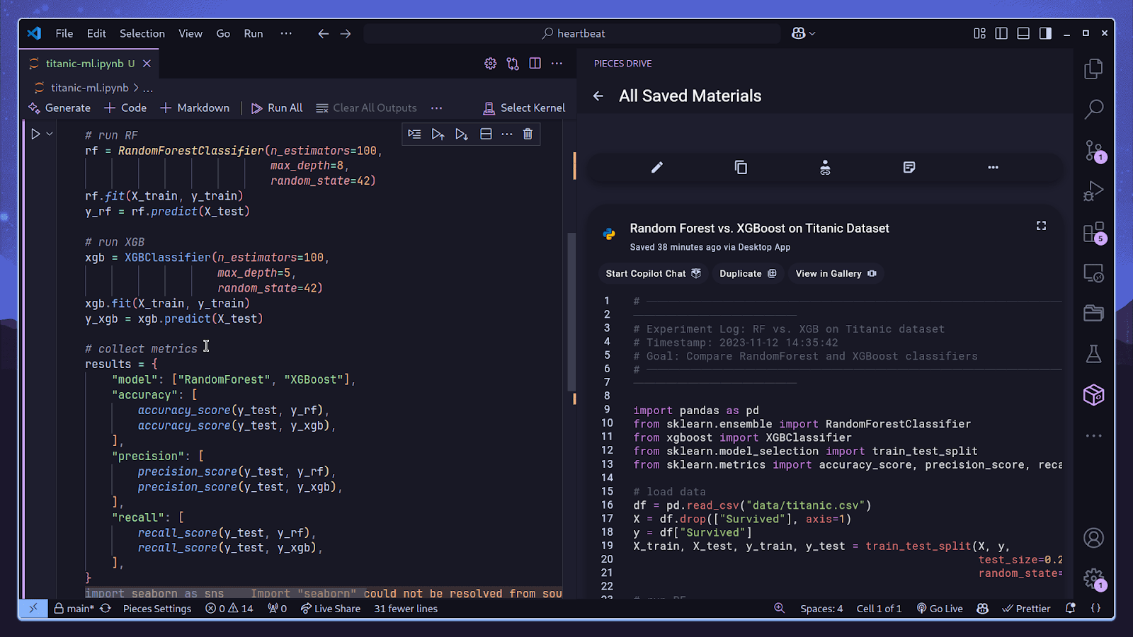 Jupyter notebook running and Pieces Drive sidebar on the right displaying saved notebook snippet from Pieces for Developer app. 