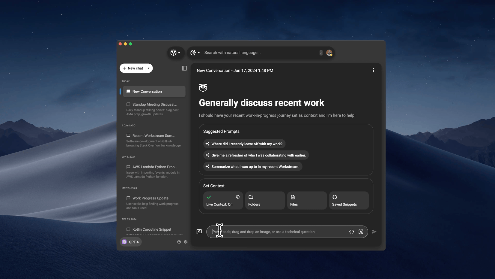 Using Live Context in a Pieces Copilot chat.