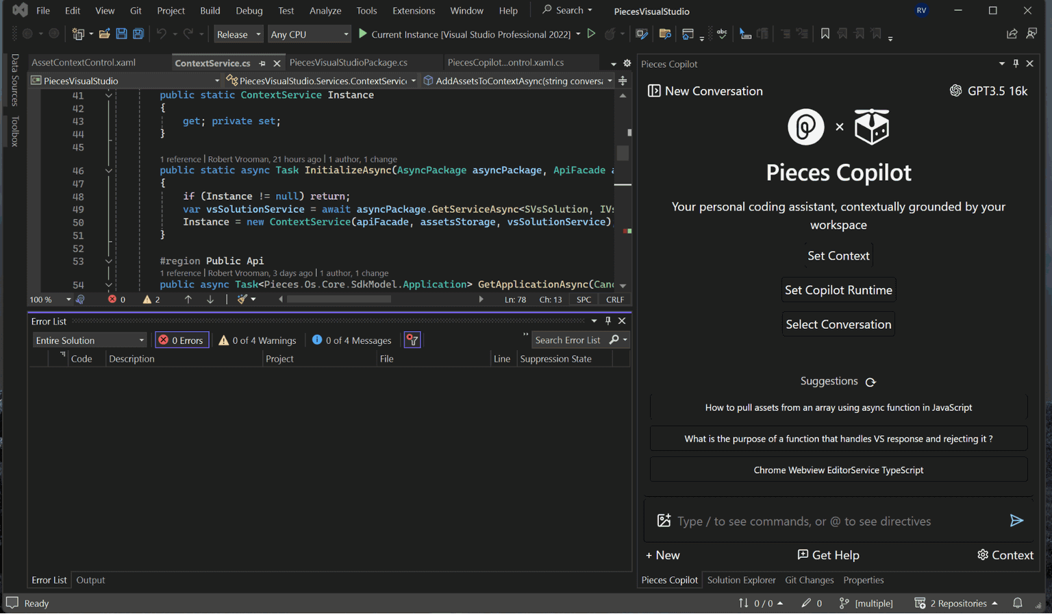 Using the Pieces Visual Studio extension.