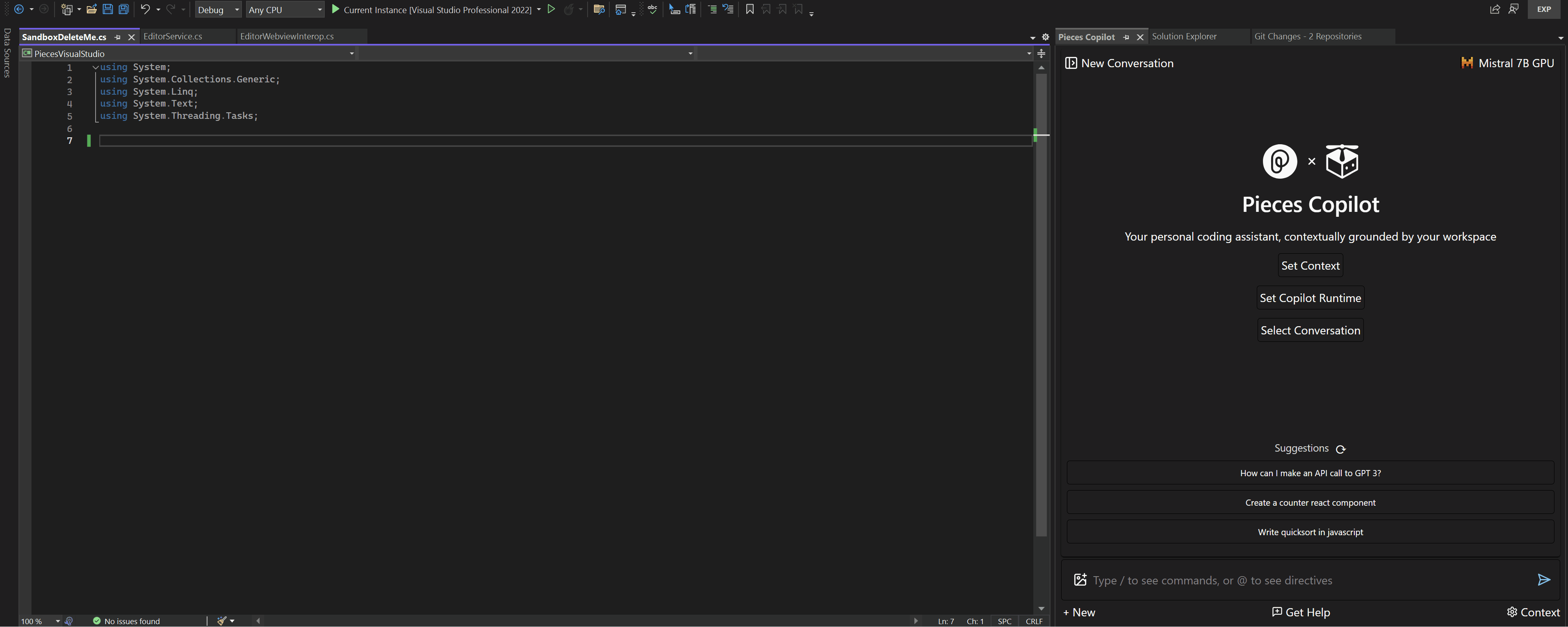 Inserting generated code from Pieces in Visual Studio.