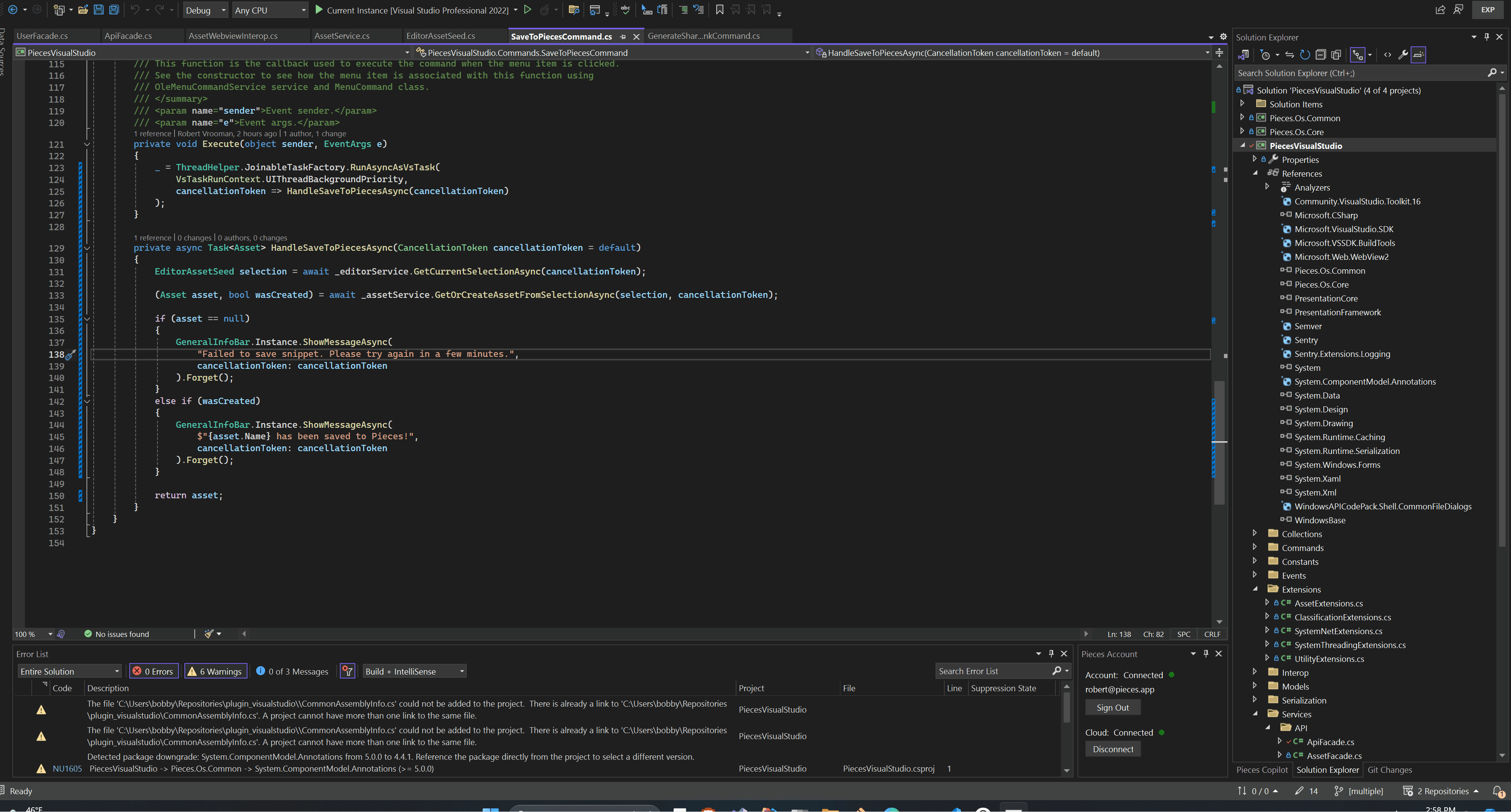 Saving a snippet from Visual Studio to Pieces.