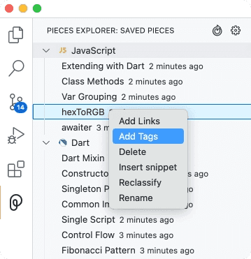 pieces right click add tags feature