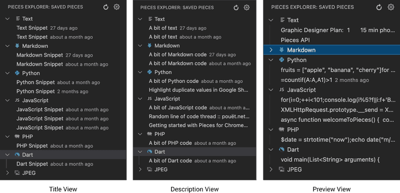 different pieces views in VS Code title view, description view, preview view