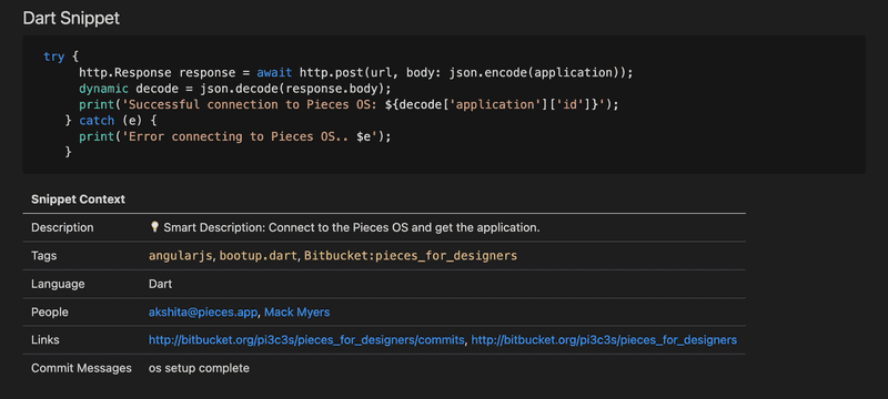 Git history being shown off in the Pieces metadata section in VS Code