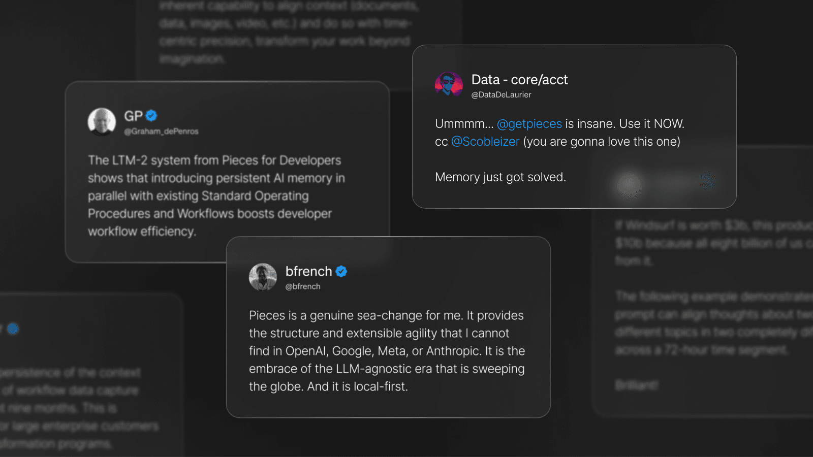 Three highlighted social media posts praising Pieces. Users mention the power of its LTM-2 AI memory system, calling it a game-changer for developer efficiency and praising its local-first, LLM-agnostic approach. One post reads: 'Memory just got solved