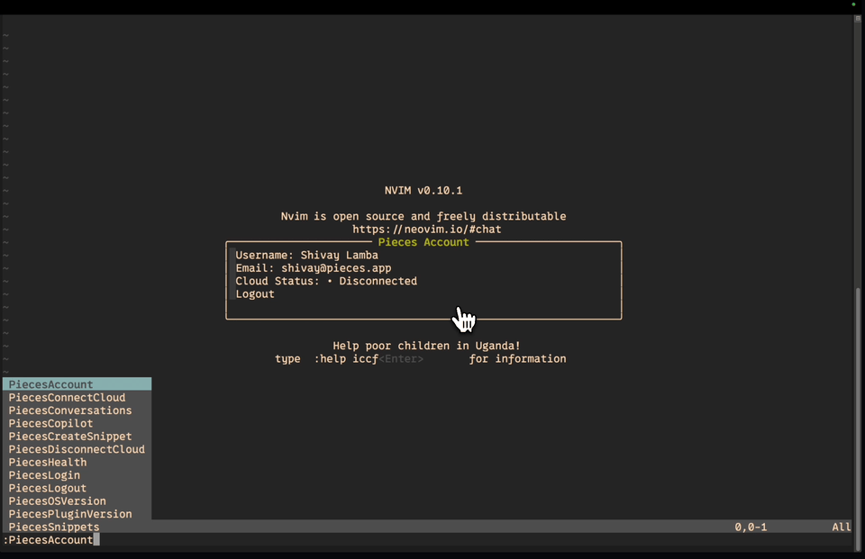 Screen in Neovim showing how to connect to a Pieces personal cloud.