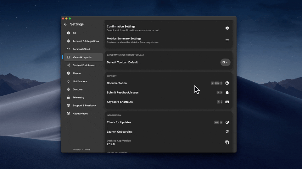 Customizing the Quick Actions Toolbar in the Pieces Desktop App Settings.