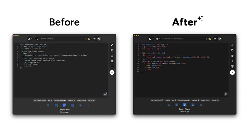 A snippet in the Pieces Desktop App with the old syntax highlighter, and the same snippet newly highlighted.