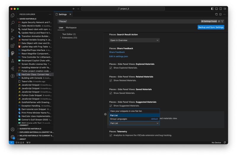 Changing the setting to view your snippets in a flat list.