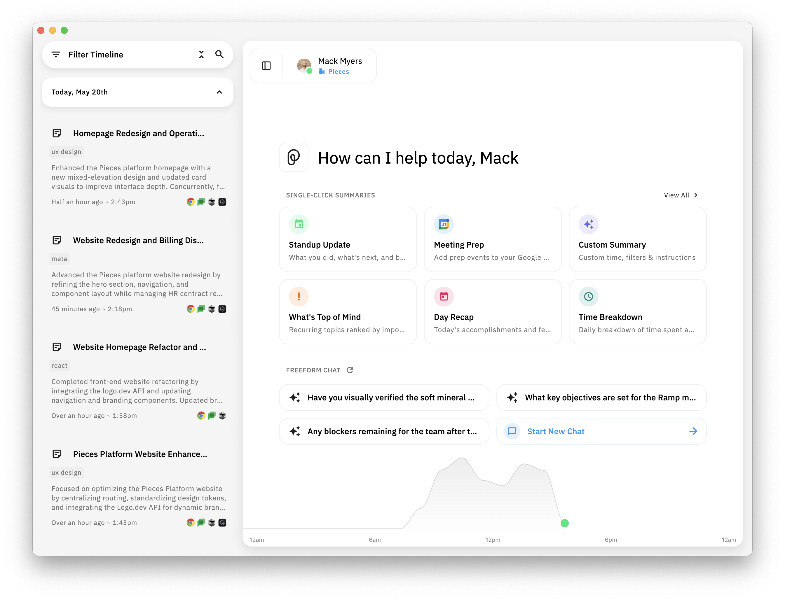 Pieces Desktop — summaries, conversational search, and activity timeline